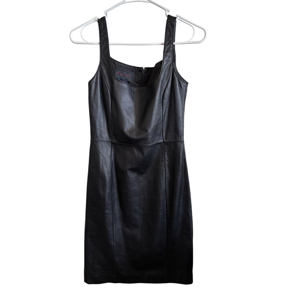 Ralph Lauren SZ 4 Woman's Black Leather Fitted Dress Knee-Length Formal Elegant